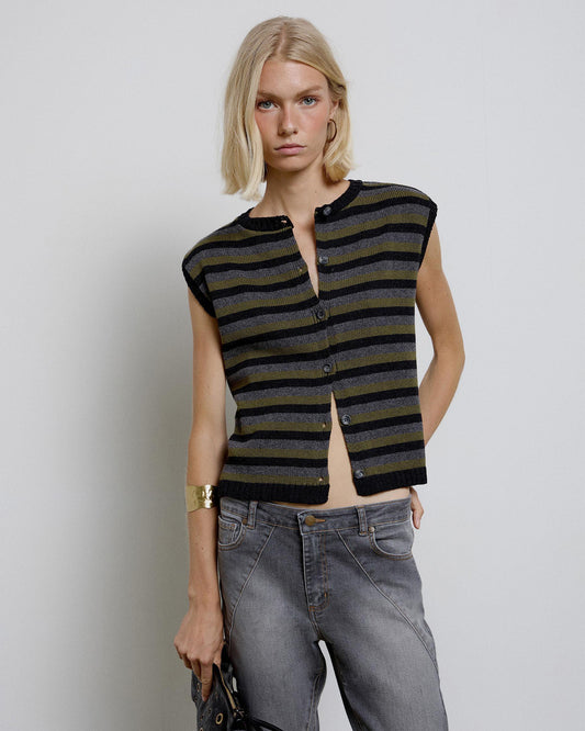 Chaleco Rayas Horizontales Botones Antracita