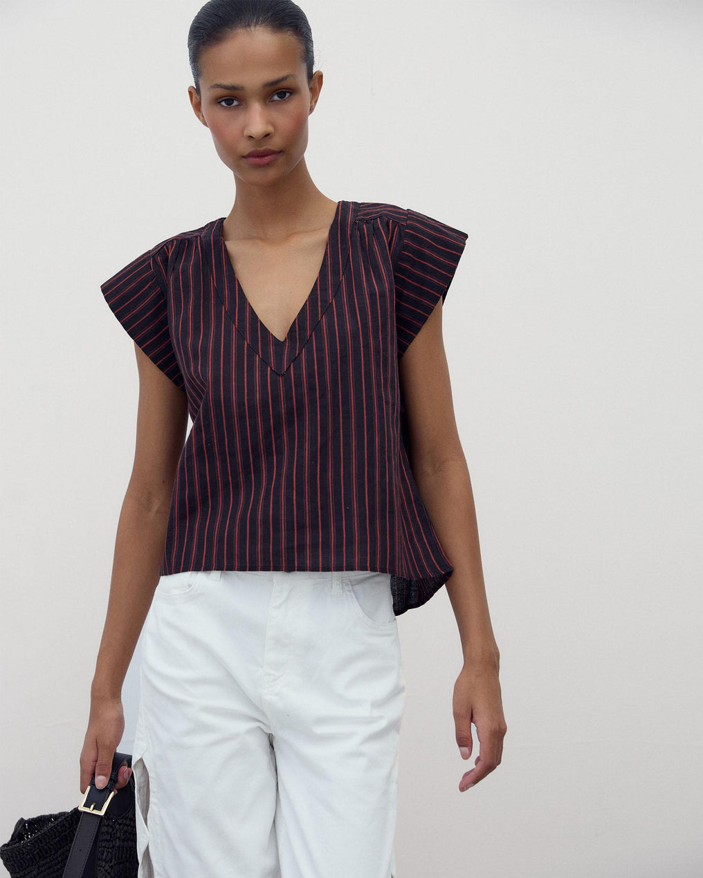 Blusa Manga Curta Estampado Riscas Grená