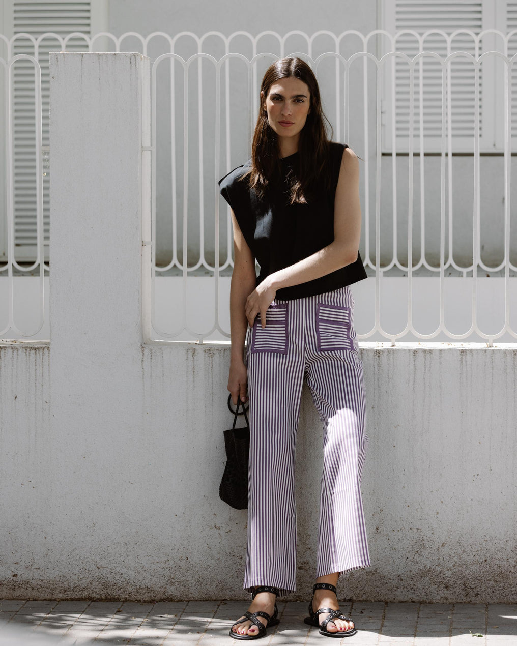 Jeans Riscas Bolsos Contraste Roxo