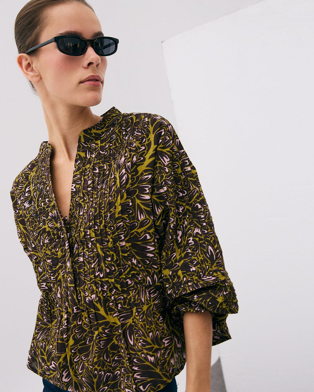 Blusa Botones Delanteros Estampada Marrón