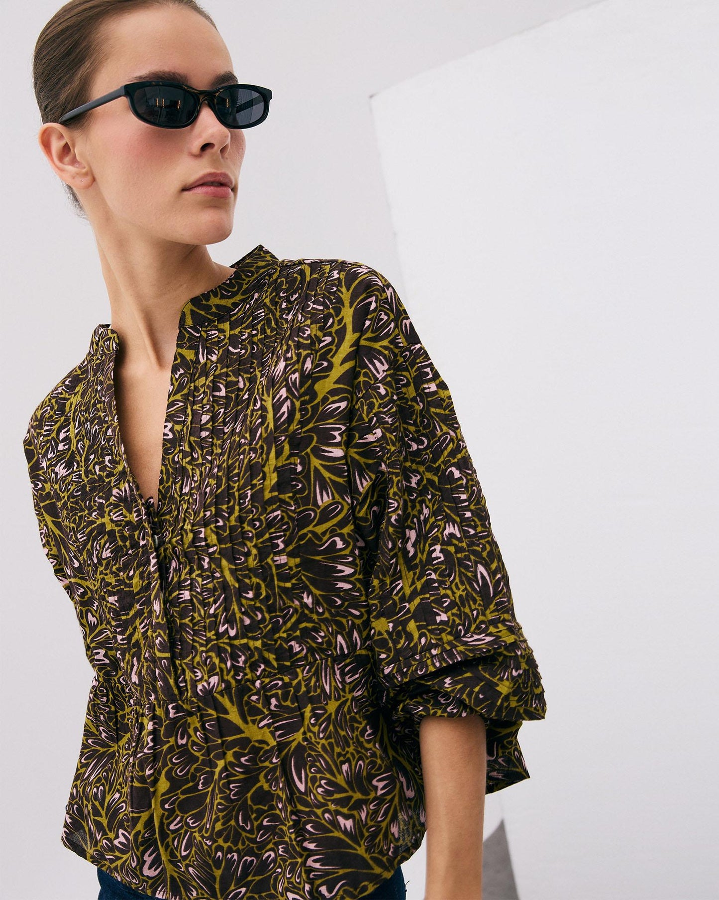 Blusa Botones Delanteros Estampada Marrón