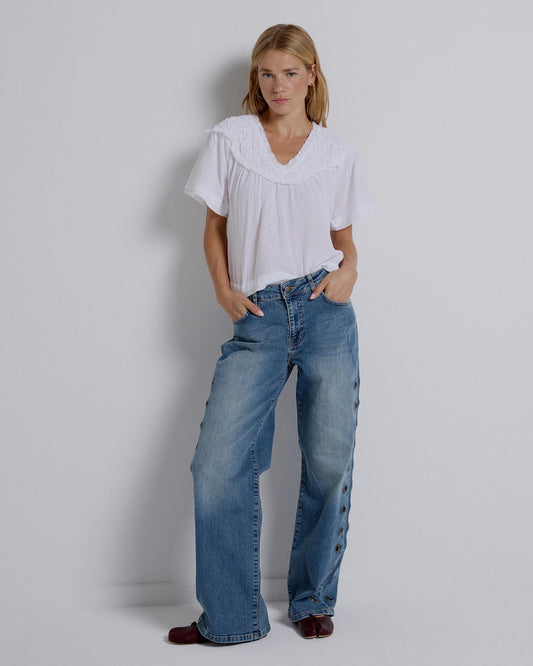 Blusa Cuello V Frunce Blanca