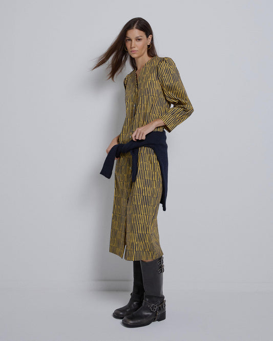 Vestido Fluido Botones Estampado Mostaza