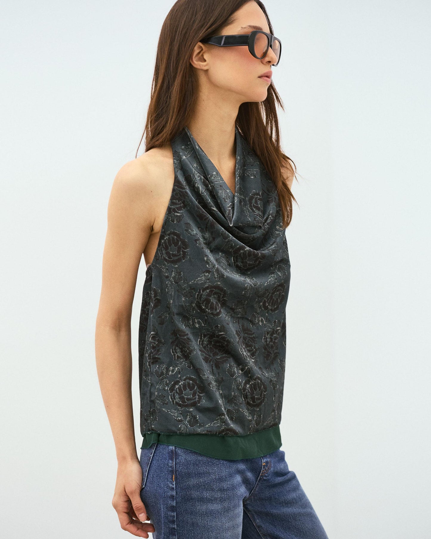 Top Halter Terciopelo Estampado Floral Verde Oscuro