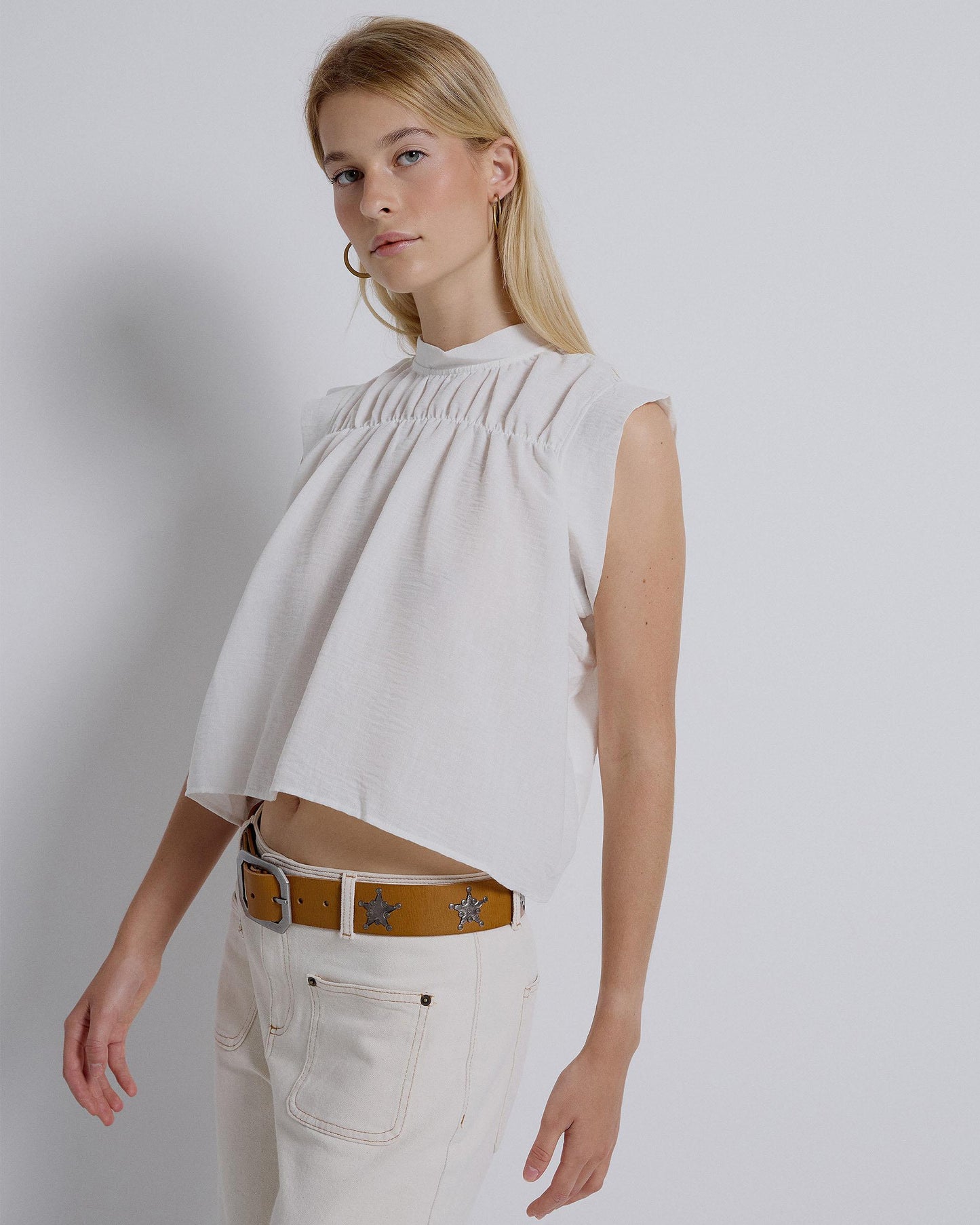 White Sleeveless Front Gathered Blouse