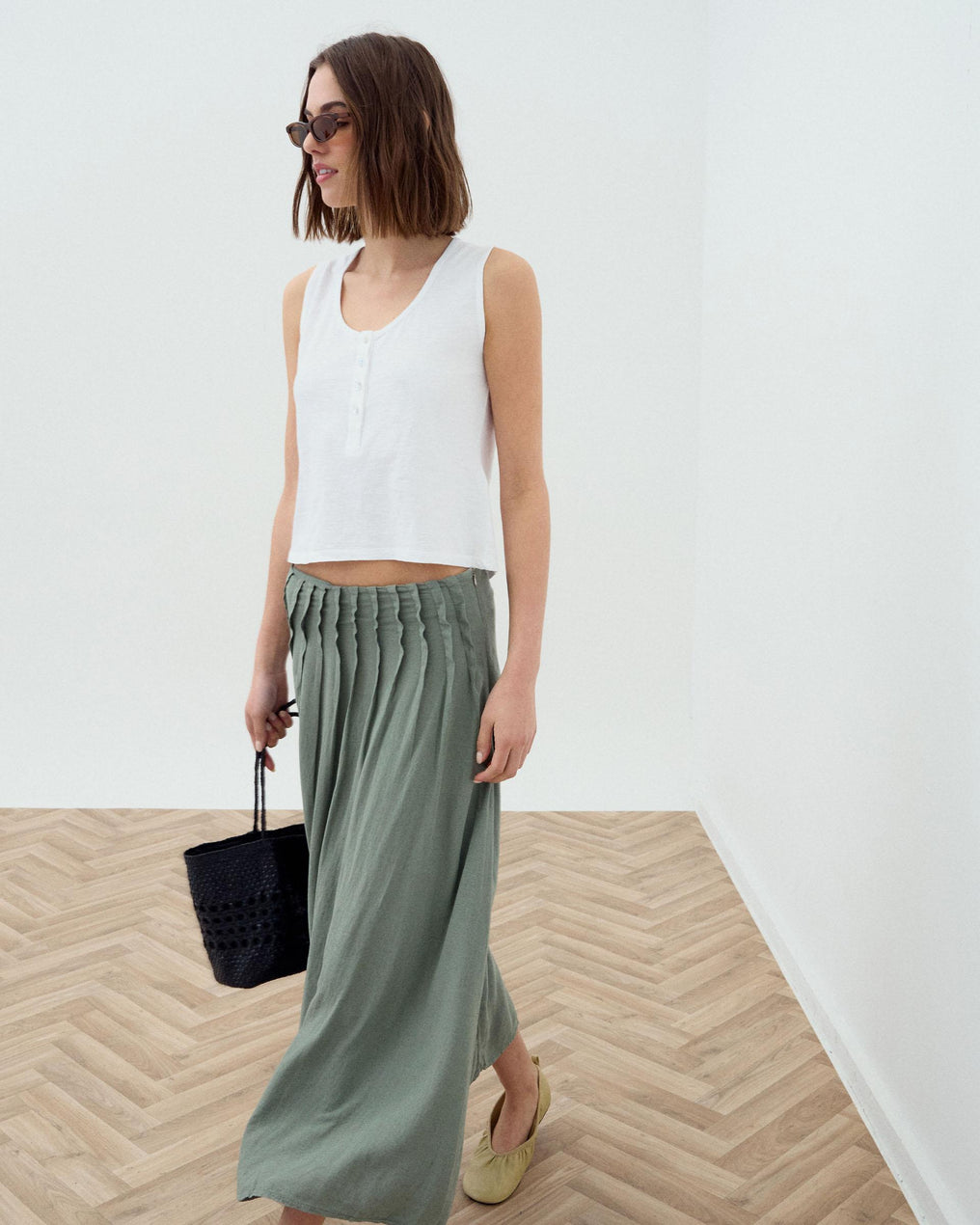 Falda Larga Lino Jaretas Verde