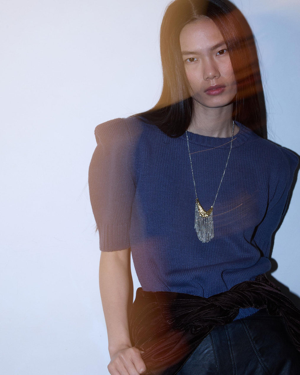 Dark Blue Knit Top with Shoulder Pads