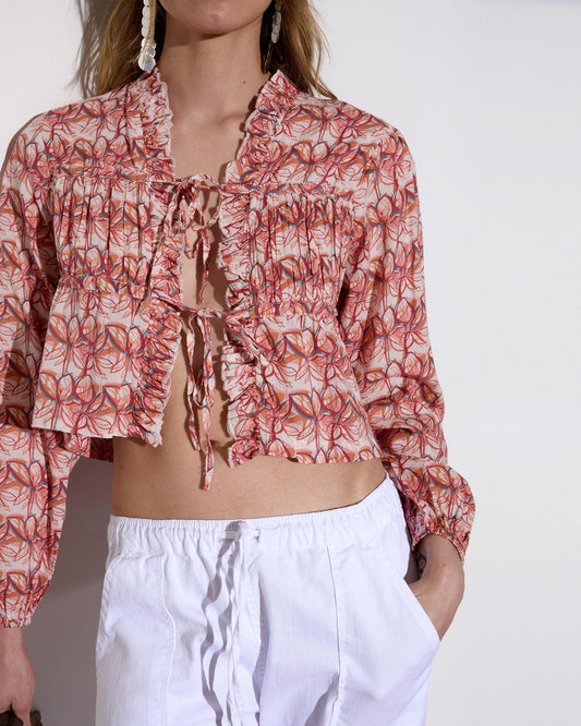 Blusa Rosa Estampada Laço Frontal