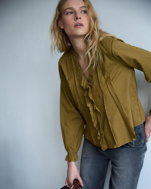 Blusa Escote Pico Volantes Verde