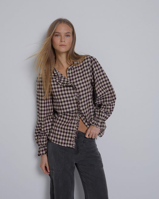 Checkered Blouse with Mao Collar and Purple Ruffle