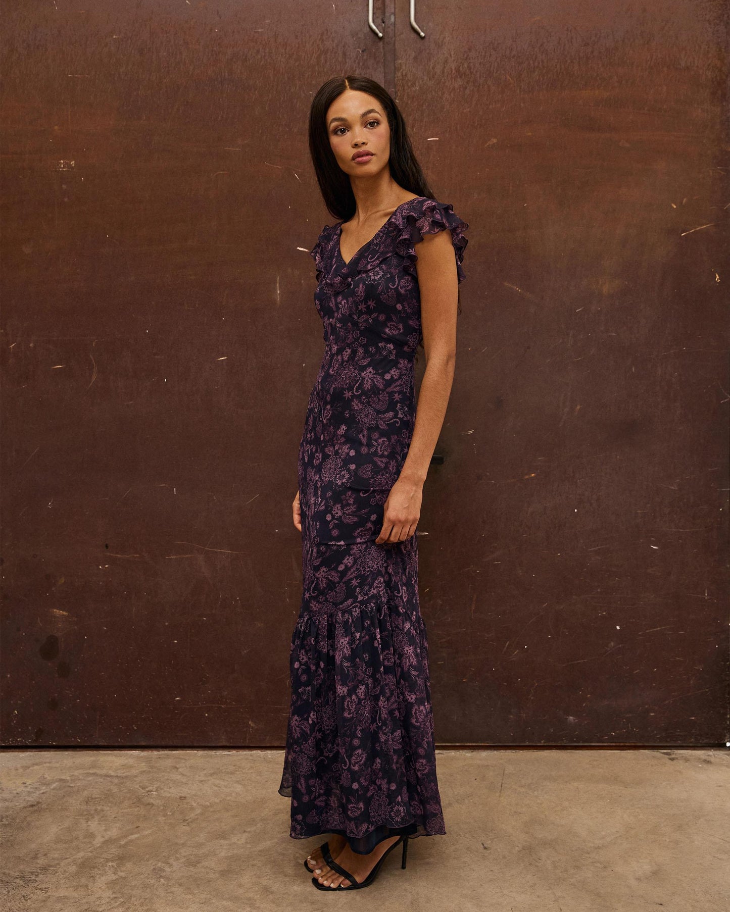 Vestido Estampado Floral Volantes Morado