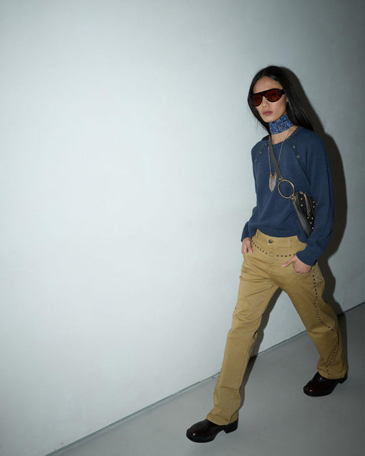 Dark Beige Wavy Studded Jeans