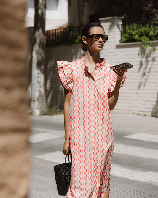 Vestido Camisero Volantes Rosa