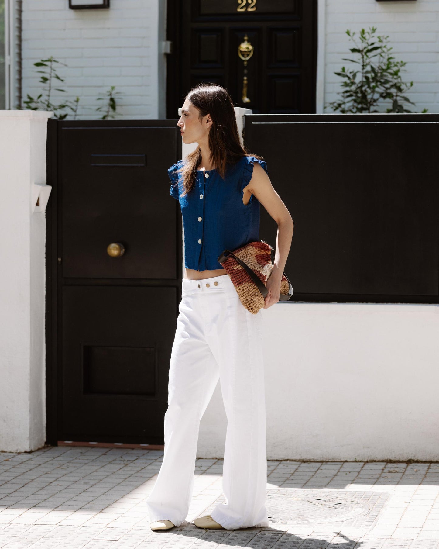 Jeans Cós Peça Botões Branco