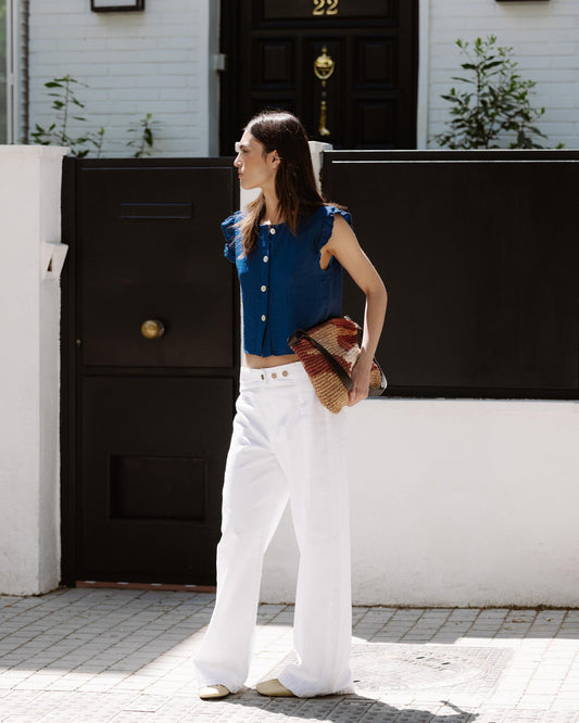 Jeans Cinturilla Pieza Botones Blanco