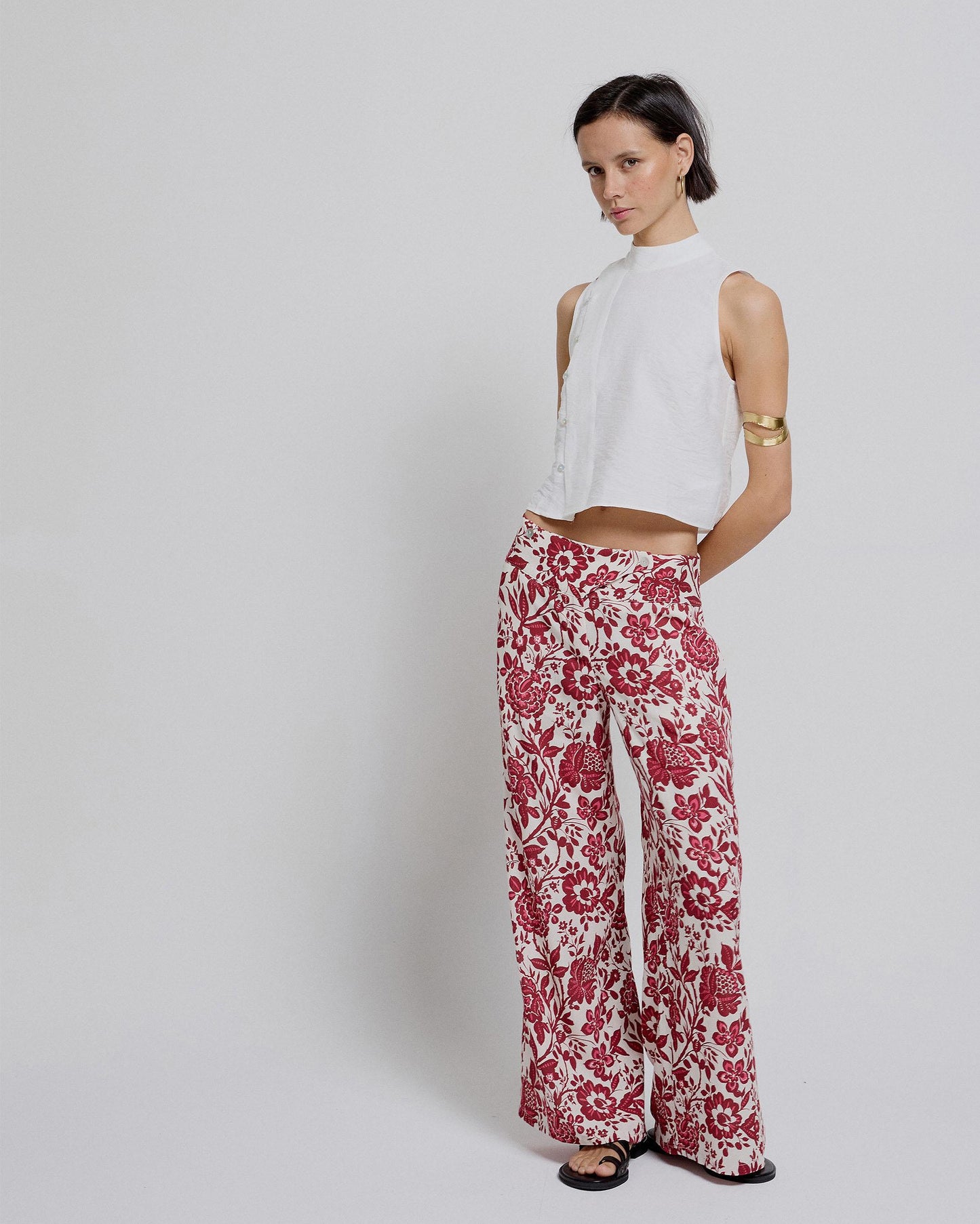 Pink Floral Pants with Crossed Waistband