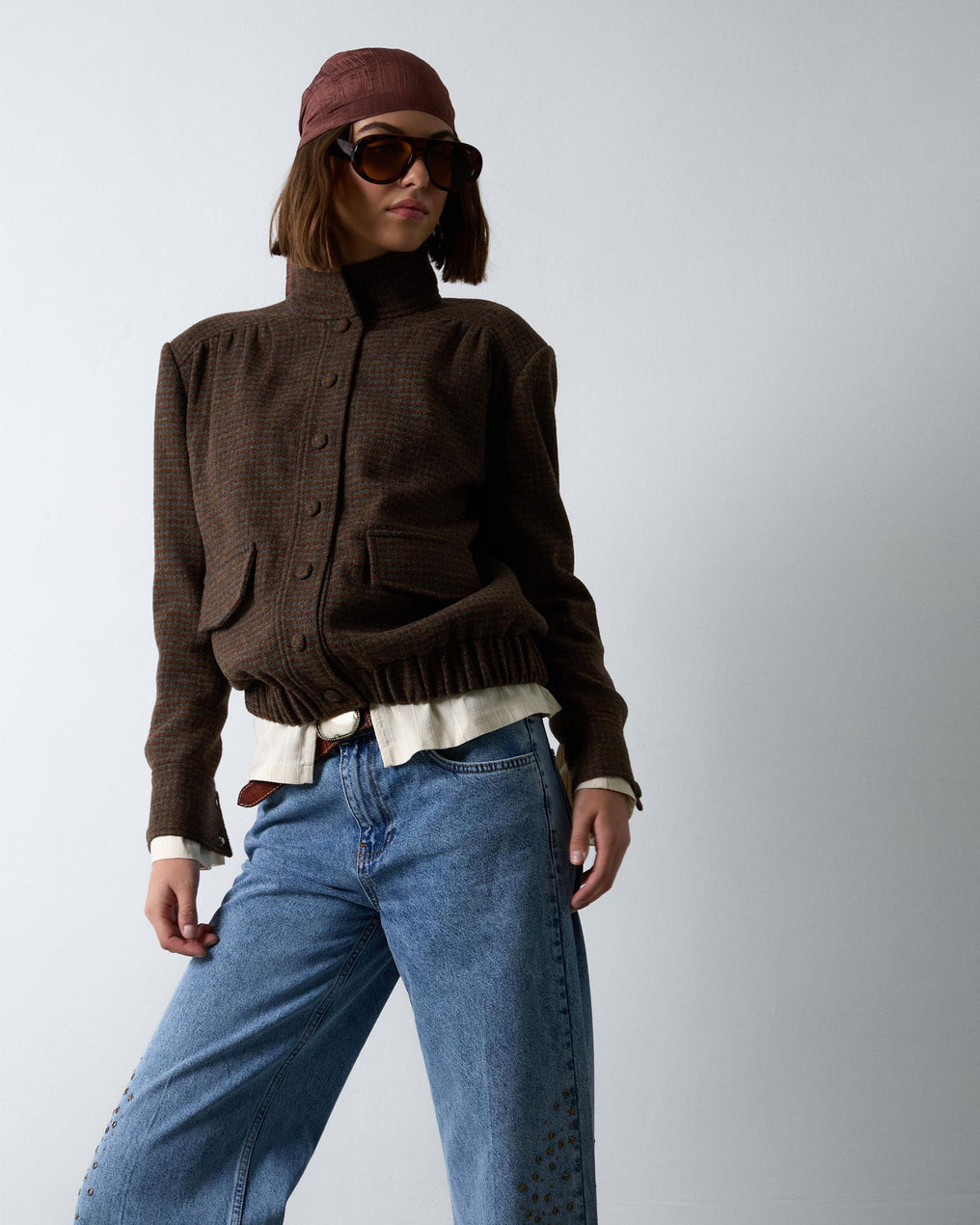 Chaqueta Bomber Canesú Cuadros Con Lana Marrón