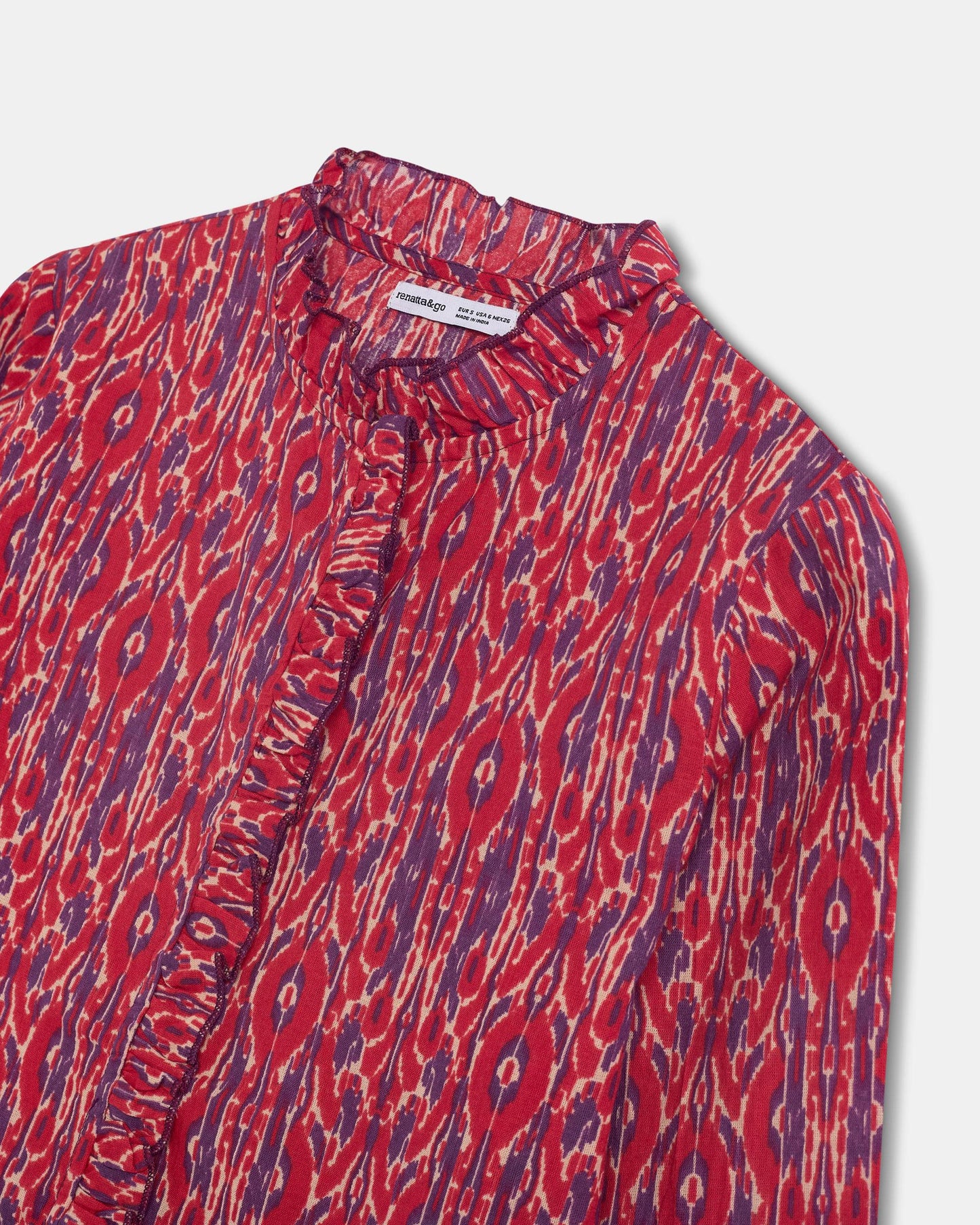 Blusa Folhos Picô Estampado Étnico Vermelha