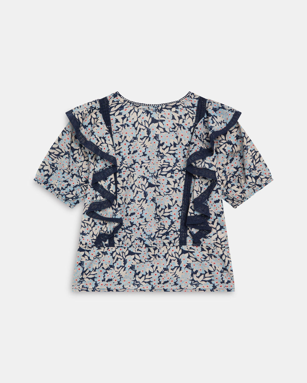Blouse Bleue Imprimée à Manches Courtes, Boutons et Volants