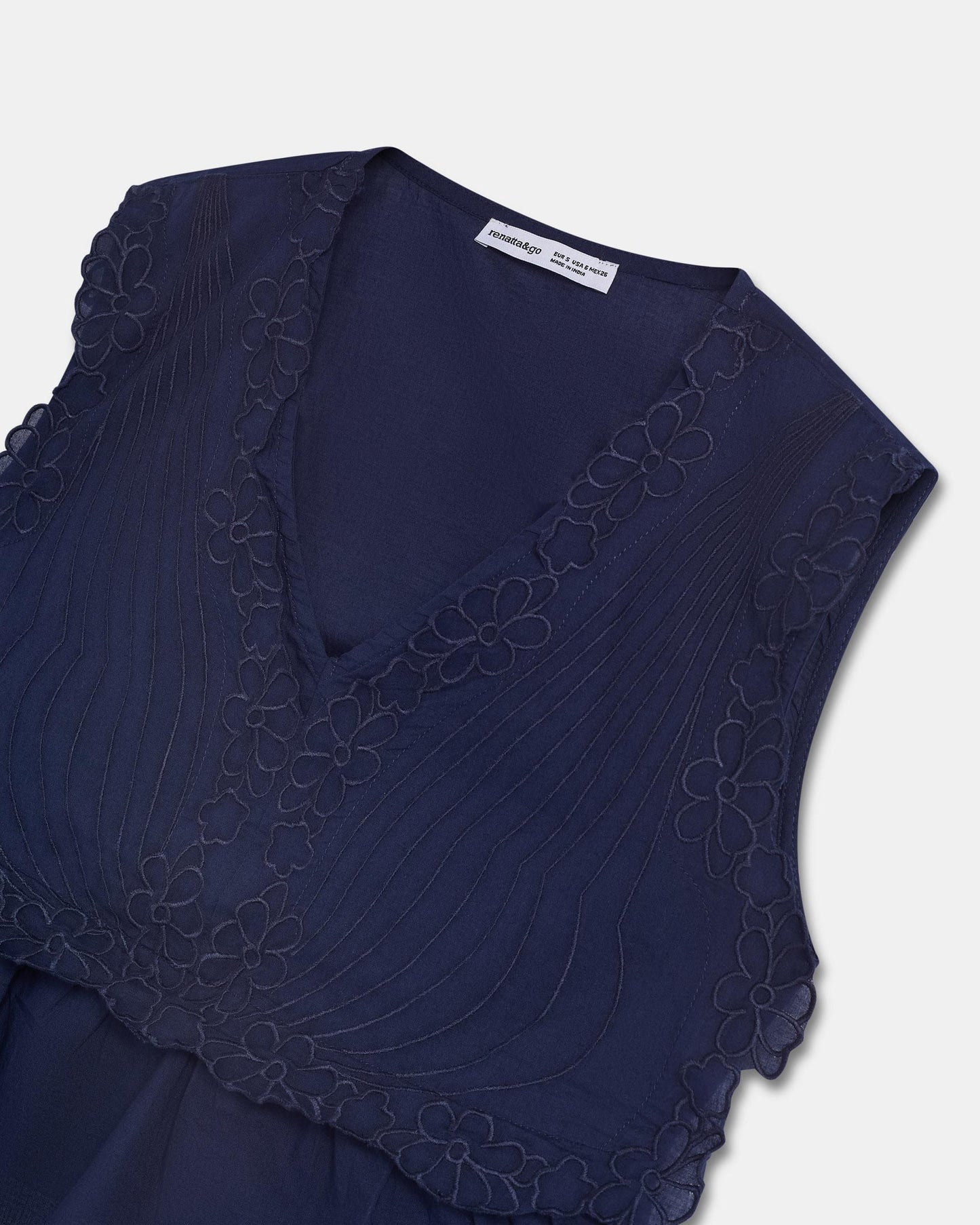 Top Embroidered Flowers Navy Blue