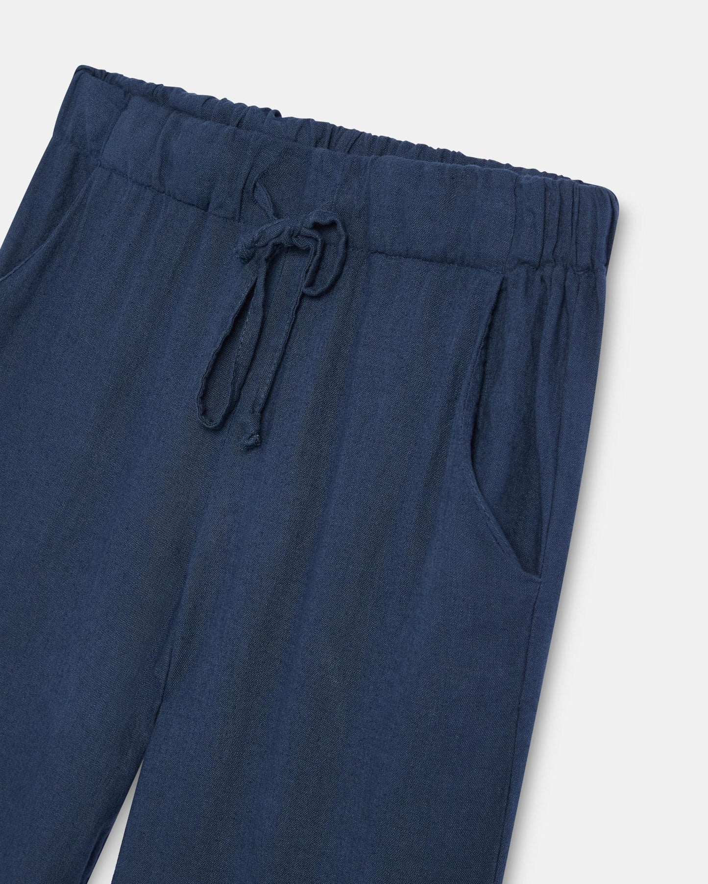 Calças Fluidas com Cordão com Linho Azul Marinho