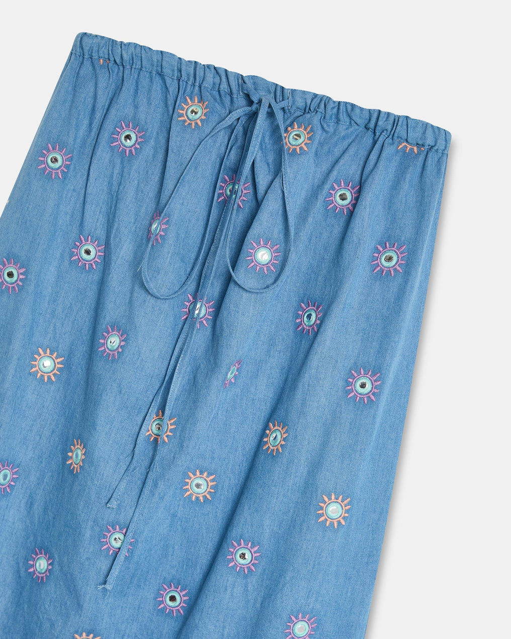 Vestido Bordados Sóis Espelhos Azul Jeans