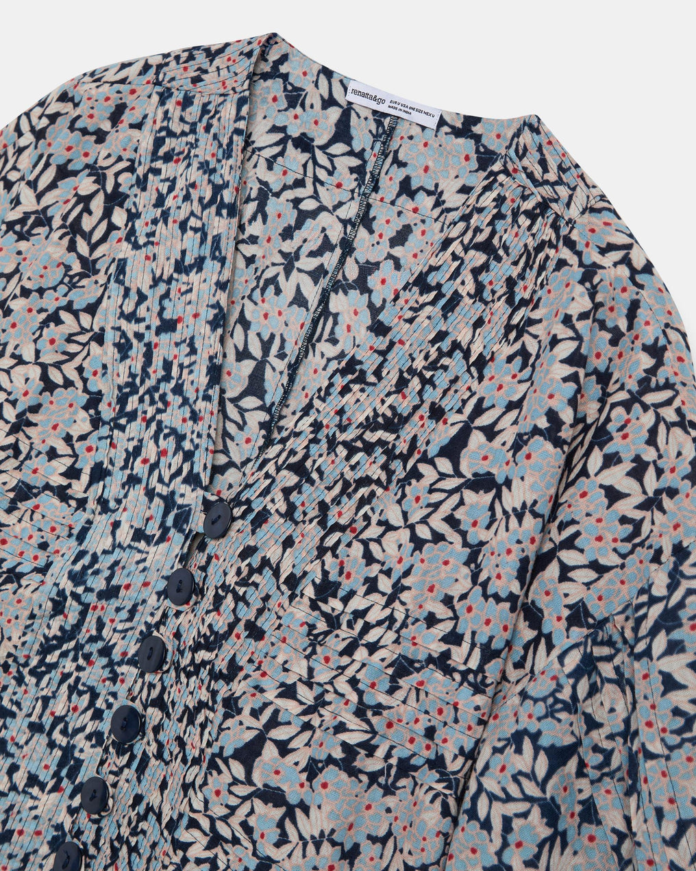 Blue Floral Print Pleated Blouse