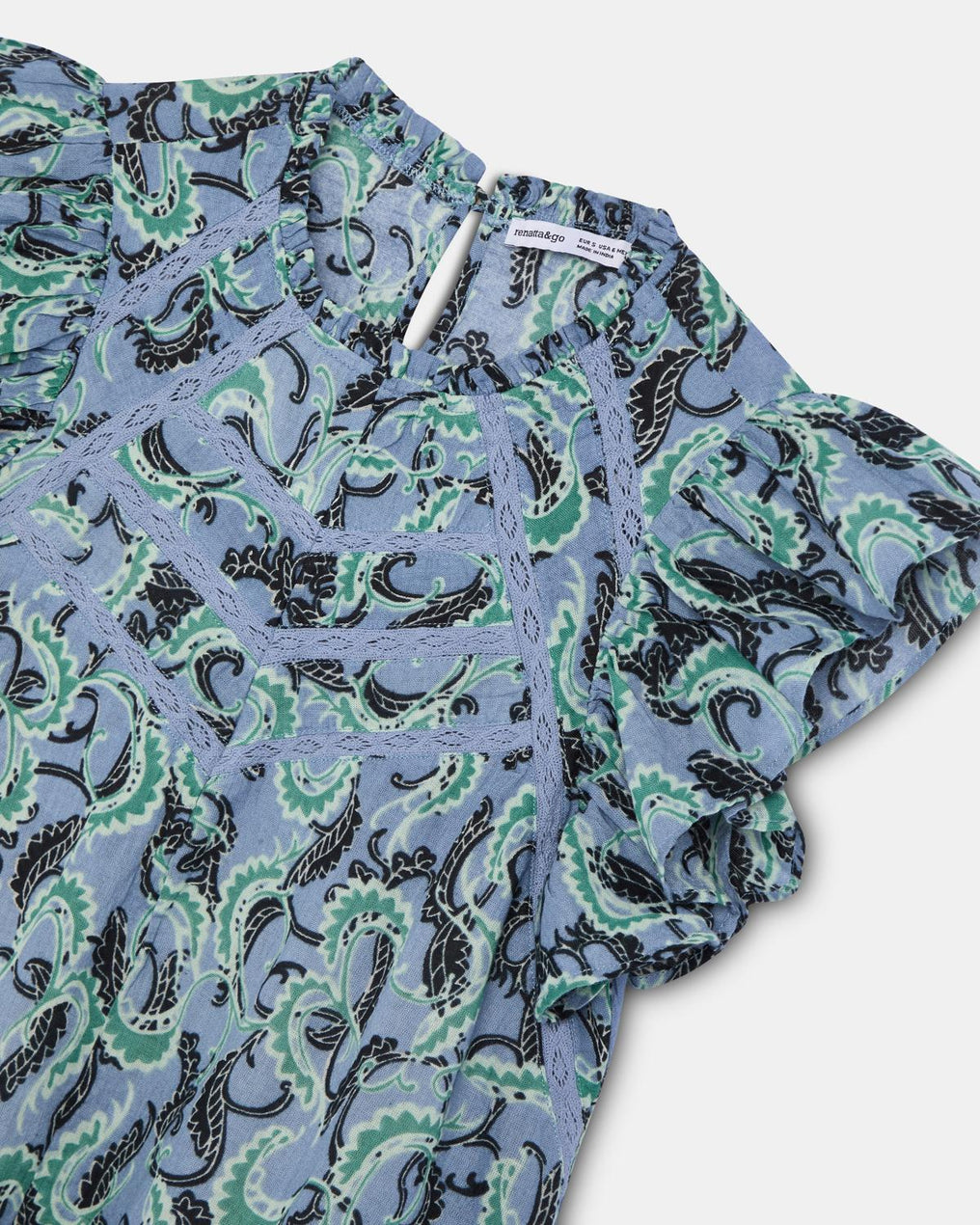 Blusa Manga Curta Volantes Rendas Padrão Azul