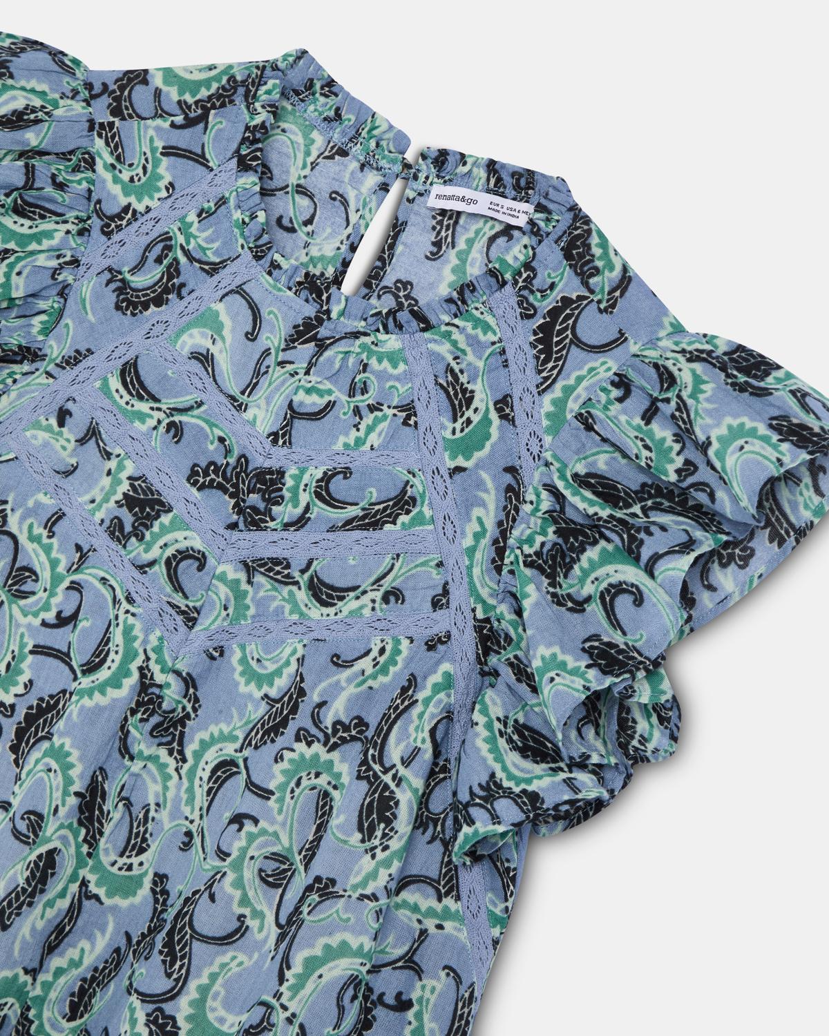 Blusa Manga Curta Volantes Rendas Padrão Azul