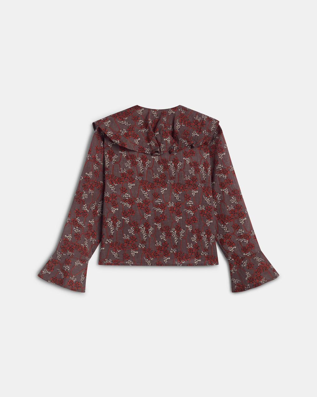 Blusa Volantes Assimétricos Padrão Floral Castanho