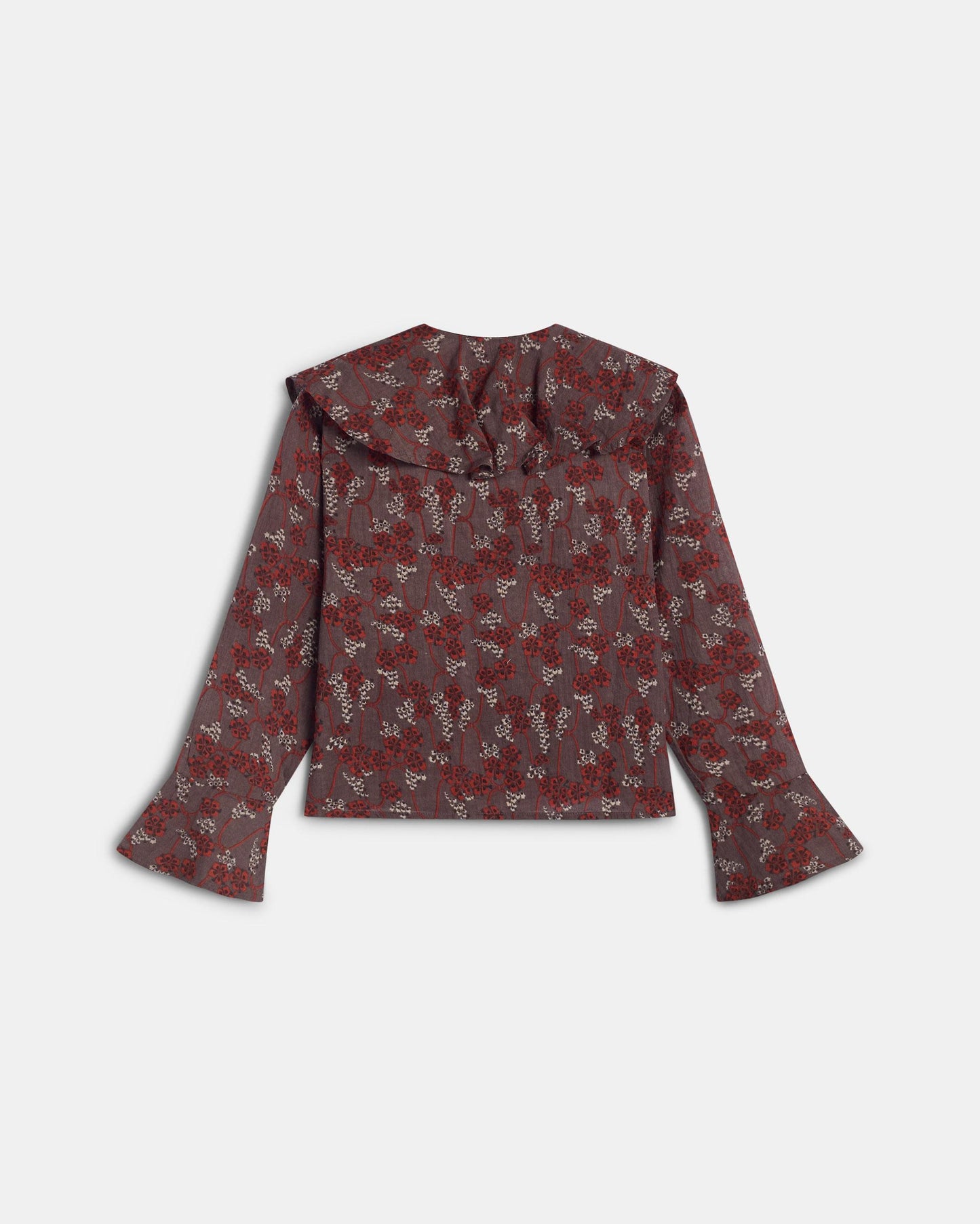 Blusa Volantes Assimétricos Padrão Floral Castanho