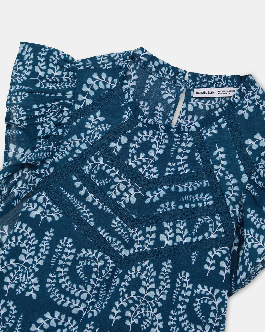 Blusa Manga Corta Volantes Puntillas Estampada Azul Oscuro