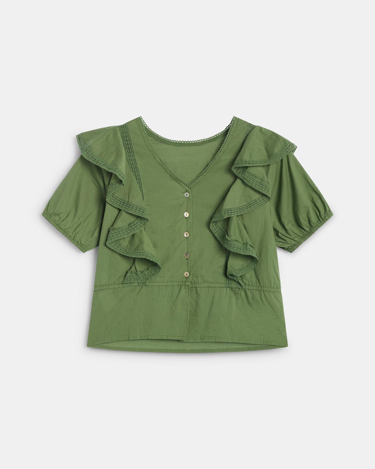 Short Sleeve Ruffle Button Up Blouse Green