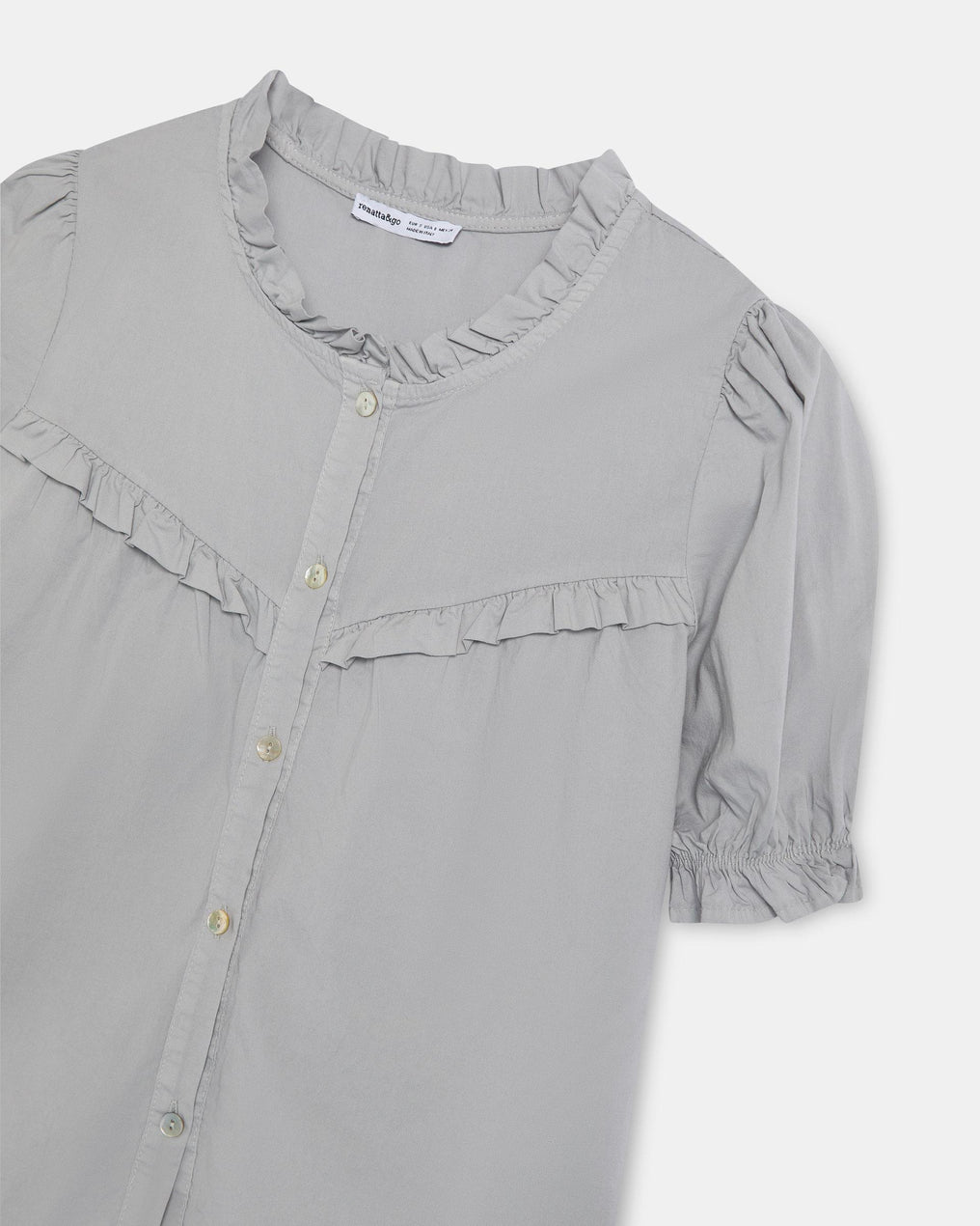 Blusa Manga Abaloada Escapulário em Bico Folhos Cinzento