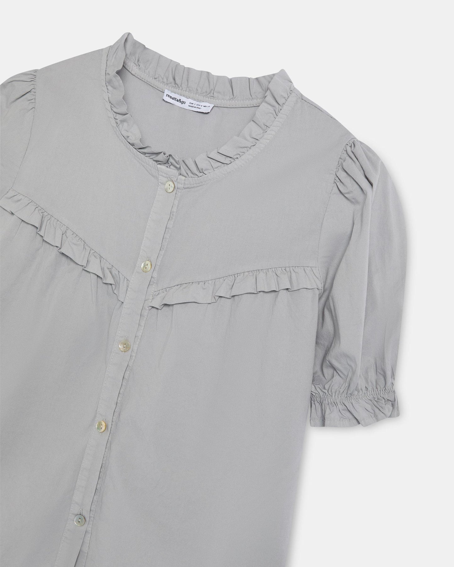 Blusa Manga Abaloada Escapulário em Bico Folhos Cinzento