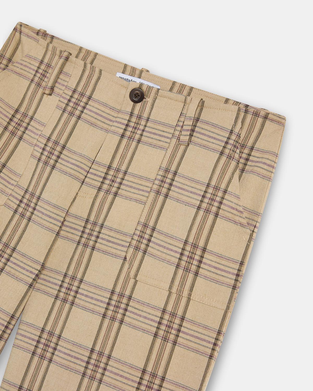 Pantalón Sin Cinturilla Cuadros Beige