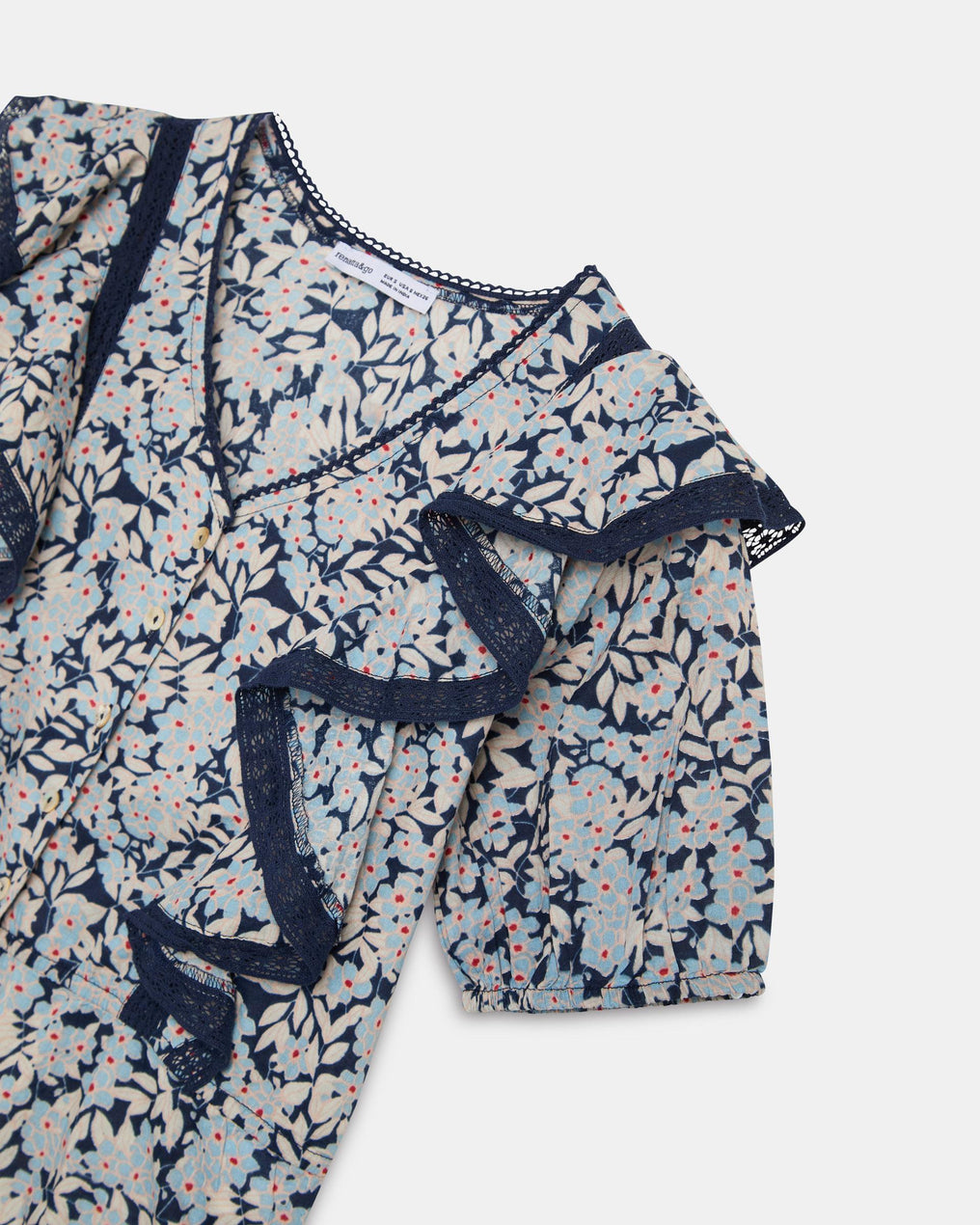 Blouse Bleue Imprimée à Manches Courtes, Boutons et Volants
