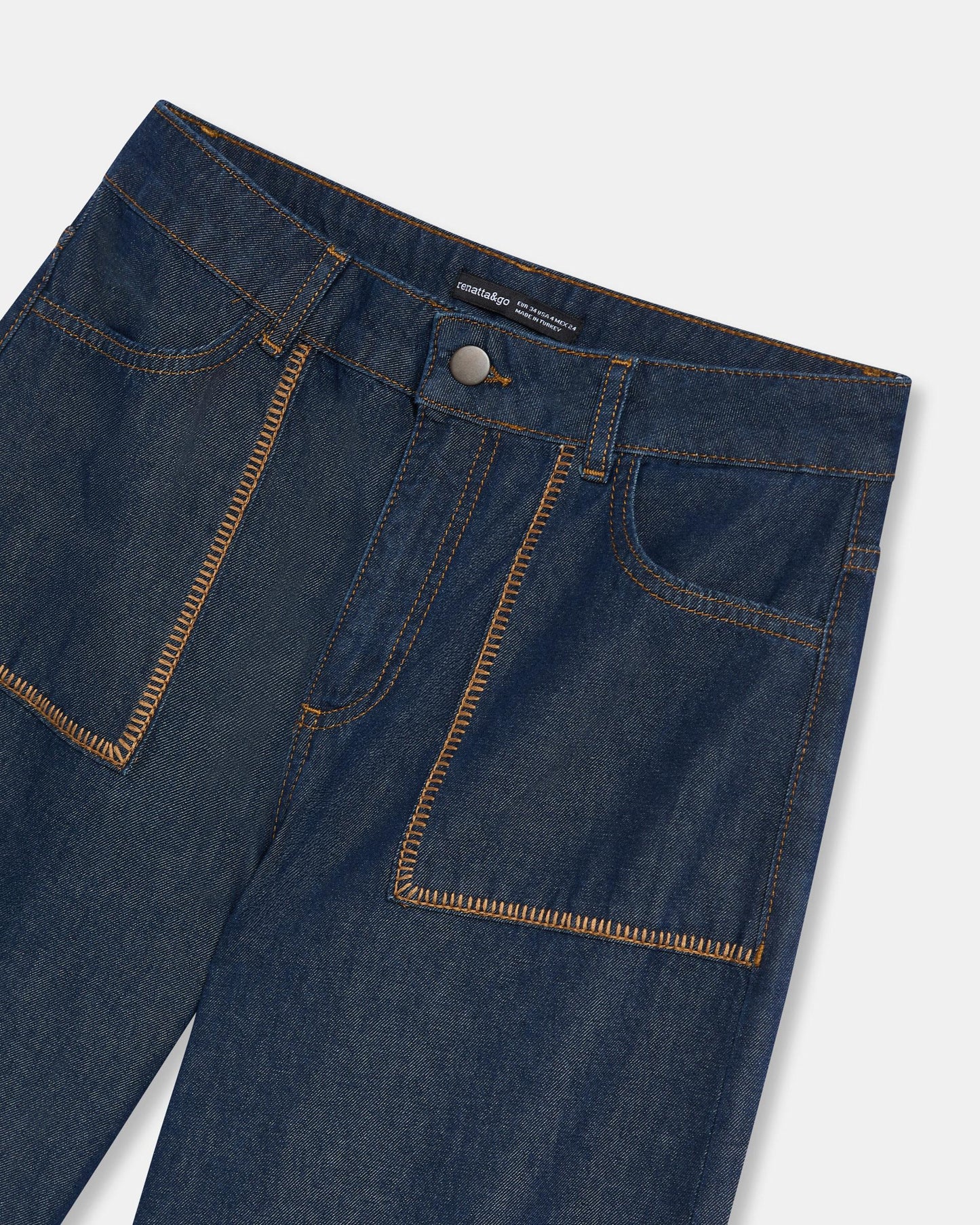 Jeans Poches Surpiqûres Contrastant Bleu Foncé