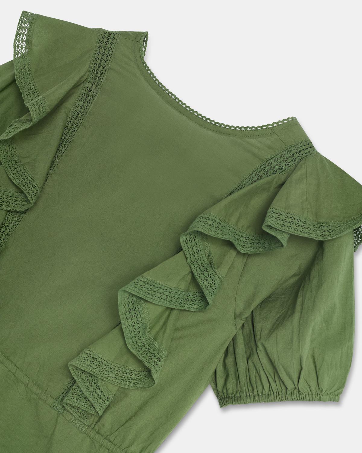 Short Sleeve Ruffle Button Up Blouse Green