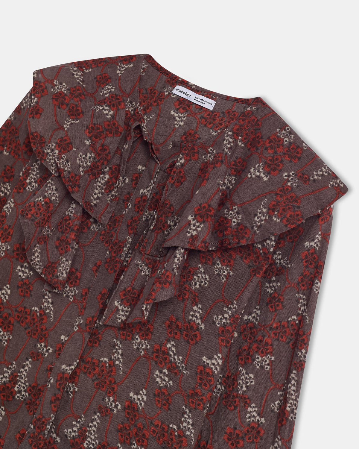 Blusa Volantes Assimétricos Padrão Floral Castanho