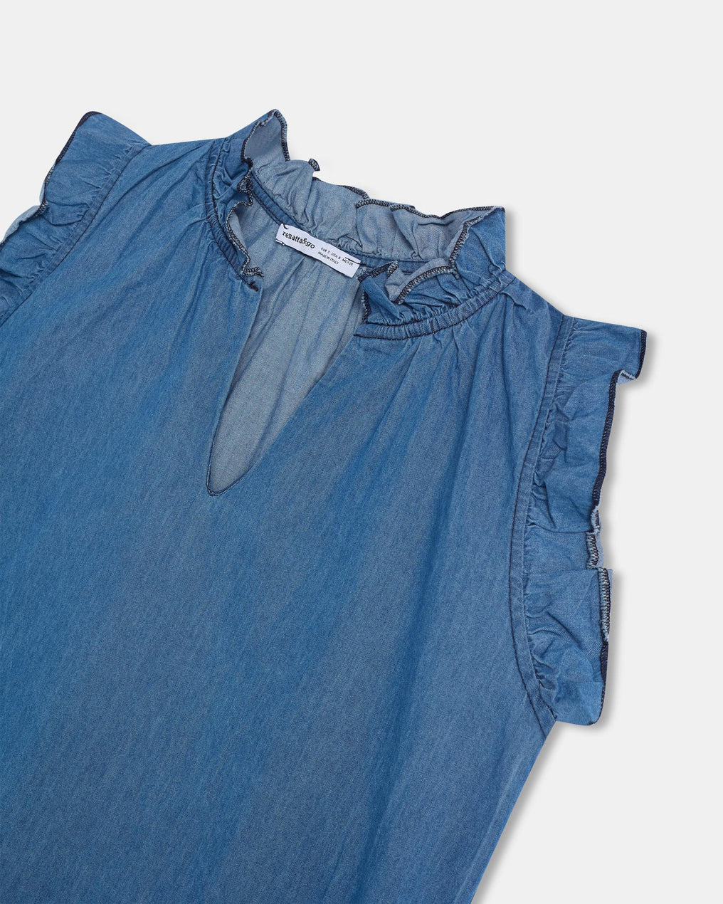 Blusa Sin Mangas Volantes Escote V Tipo Denim Azul Jeans