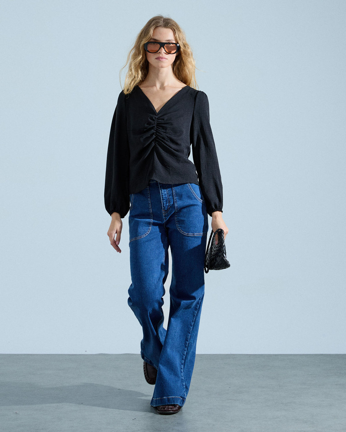 Blusa Manga Larga Frunce Negro
