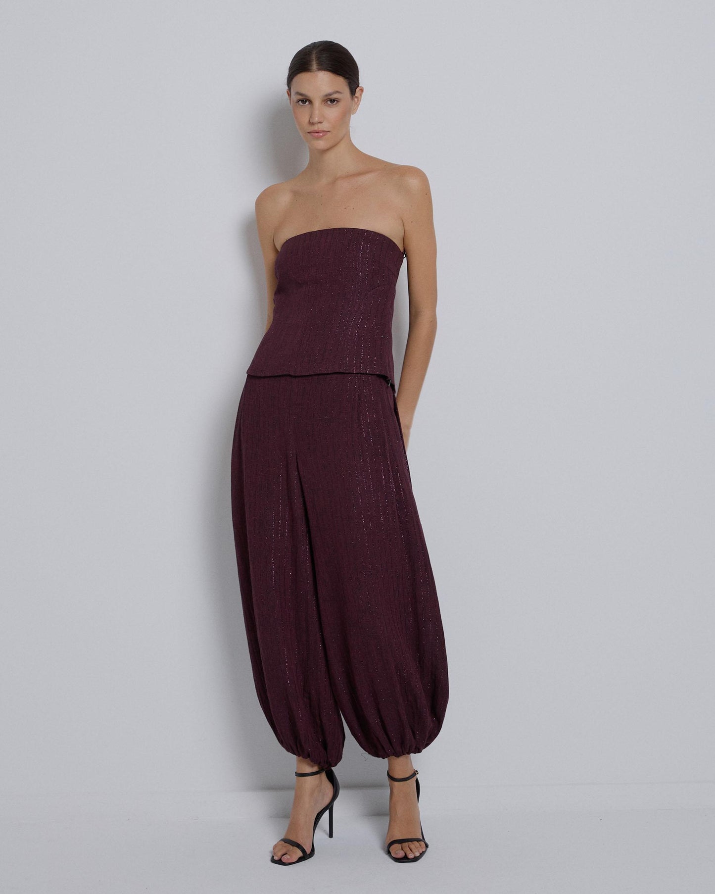 Trousers with Elastic Cuffs and Lurex Stripes in Burgundy