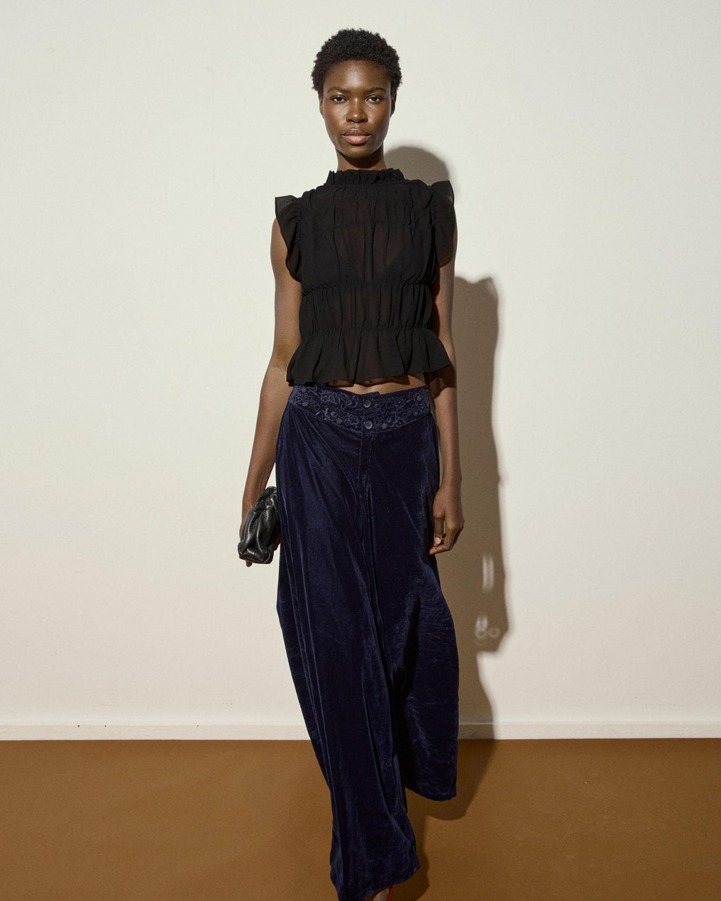Velvet Embroidered Waistband Trousers Navy Blue