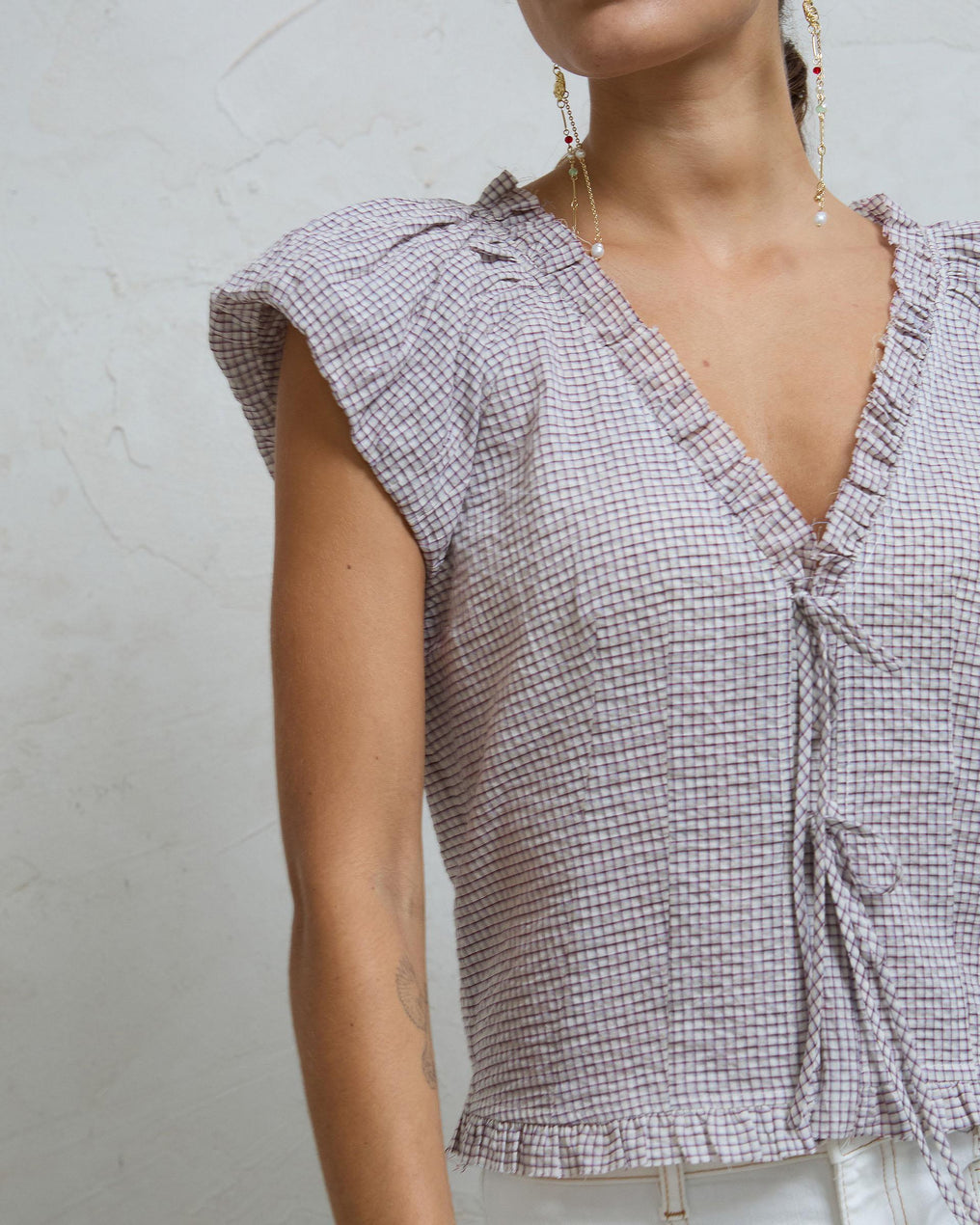 Pink Plaid Blouse with Front Bows