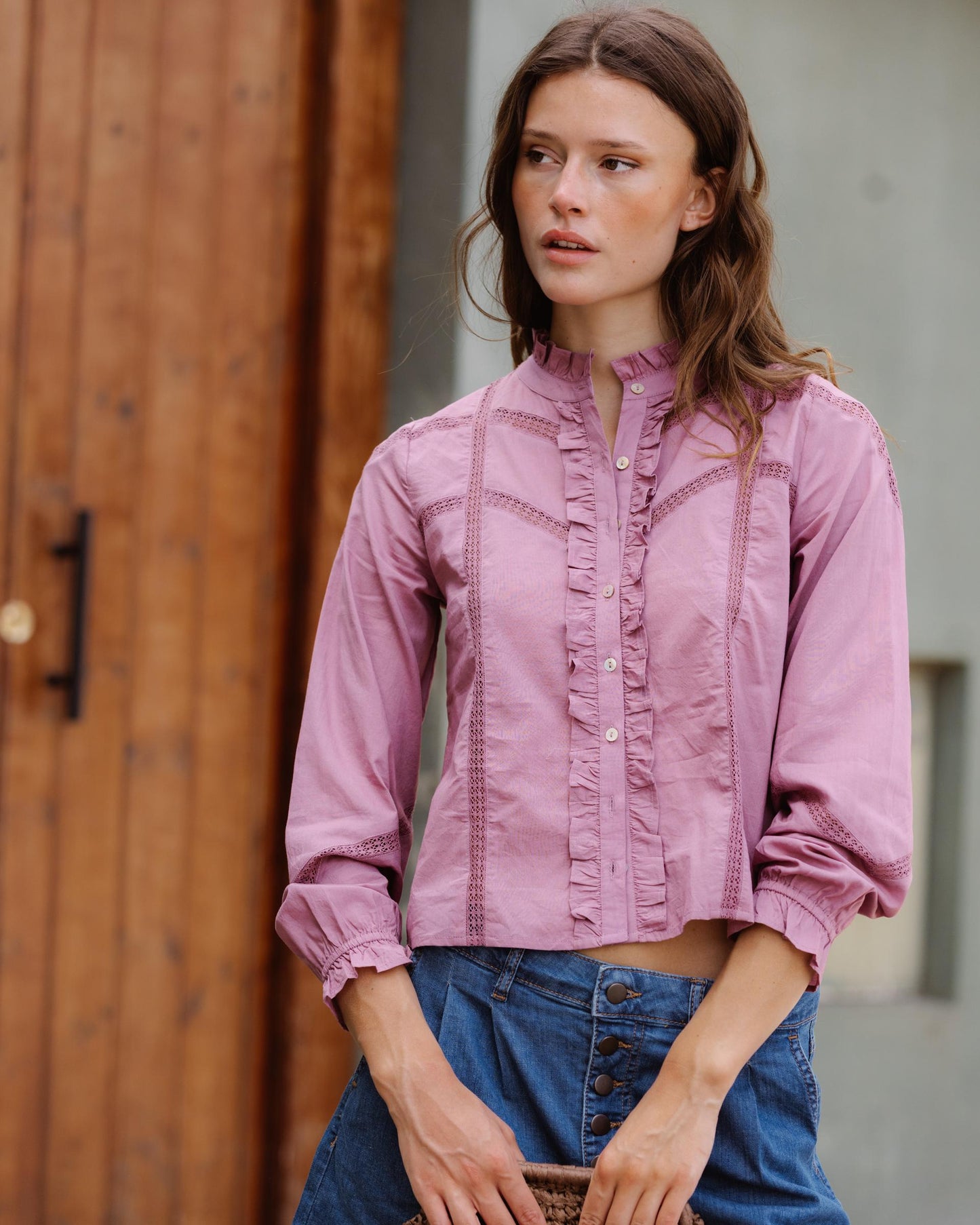 Blouse Dentelle Volant Avant Rose