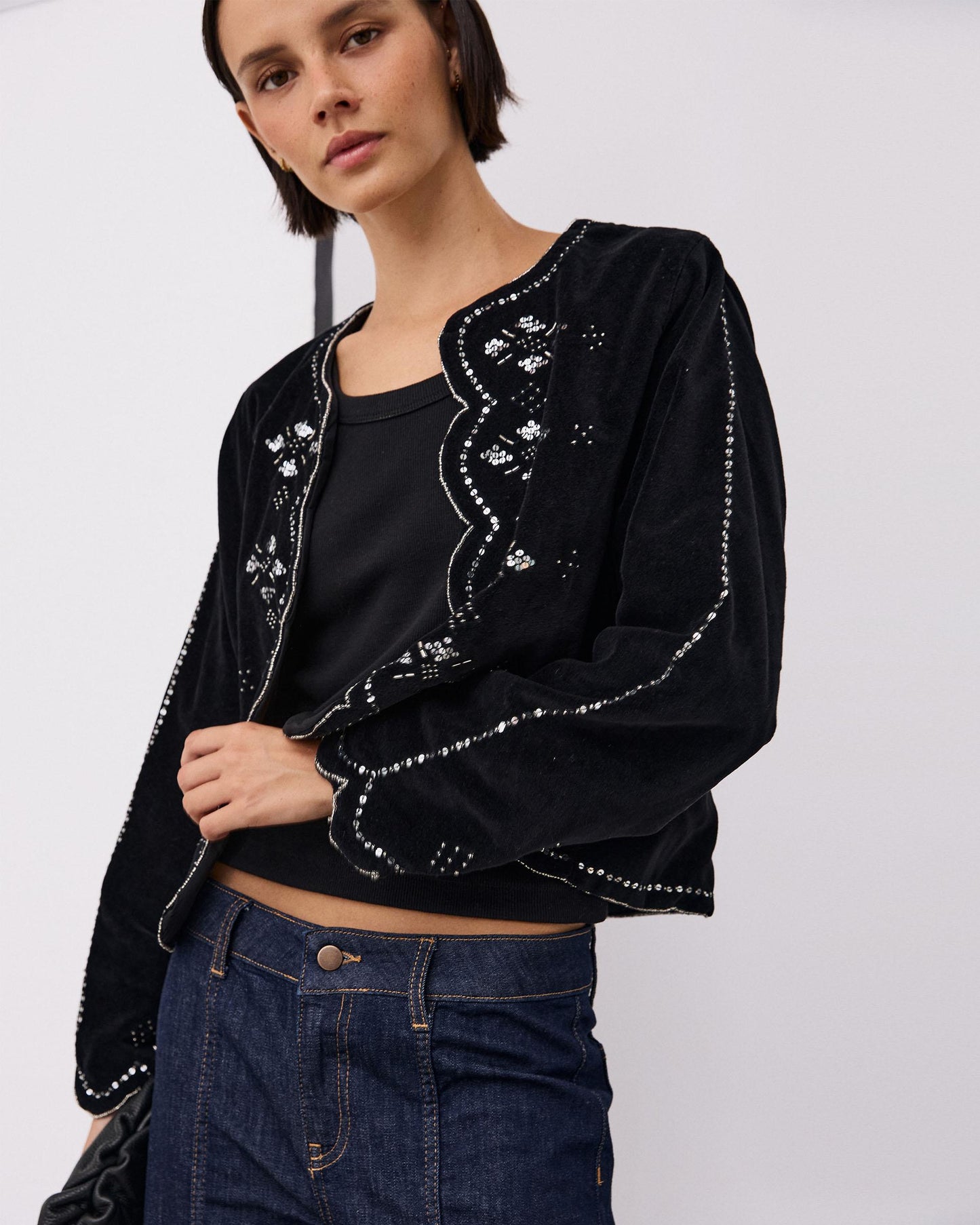 Chaqueta Terciopelo Ondas Abalorios Negro