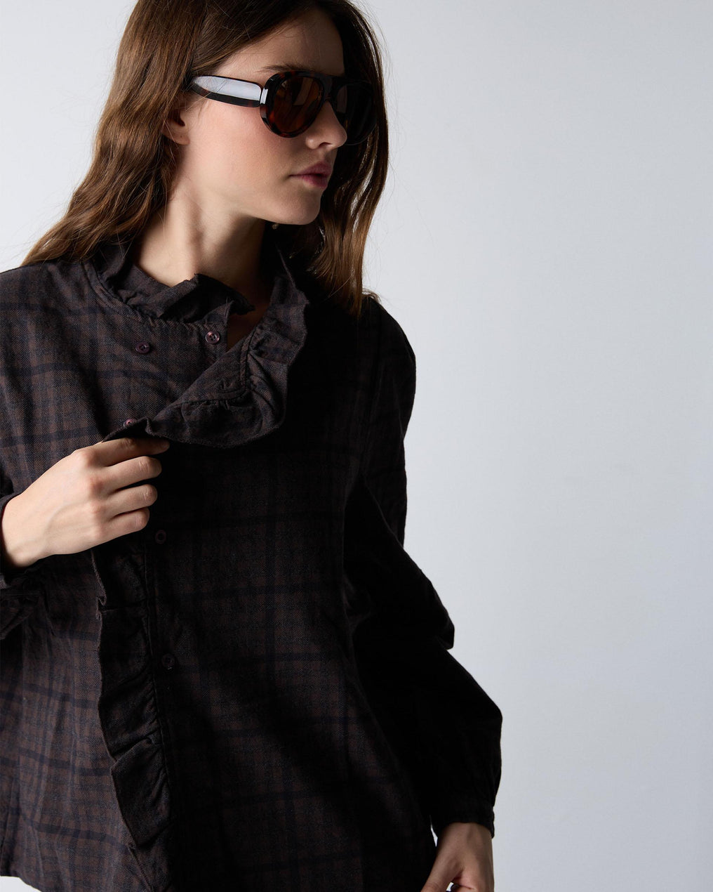 Blusa Volante Lateral Cuadros Marrón