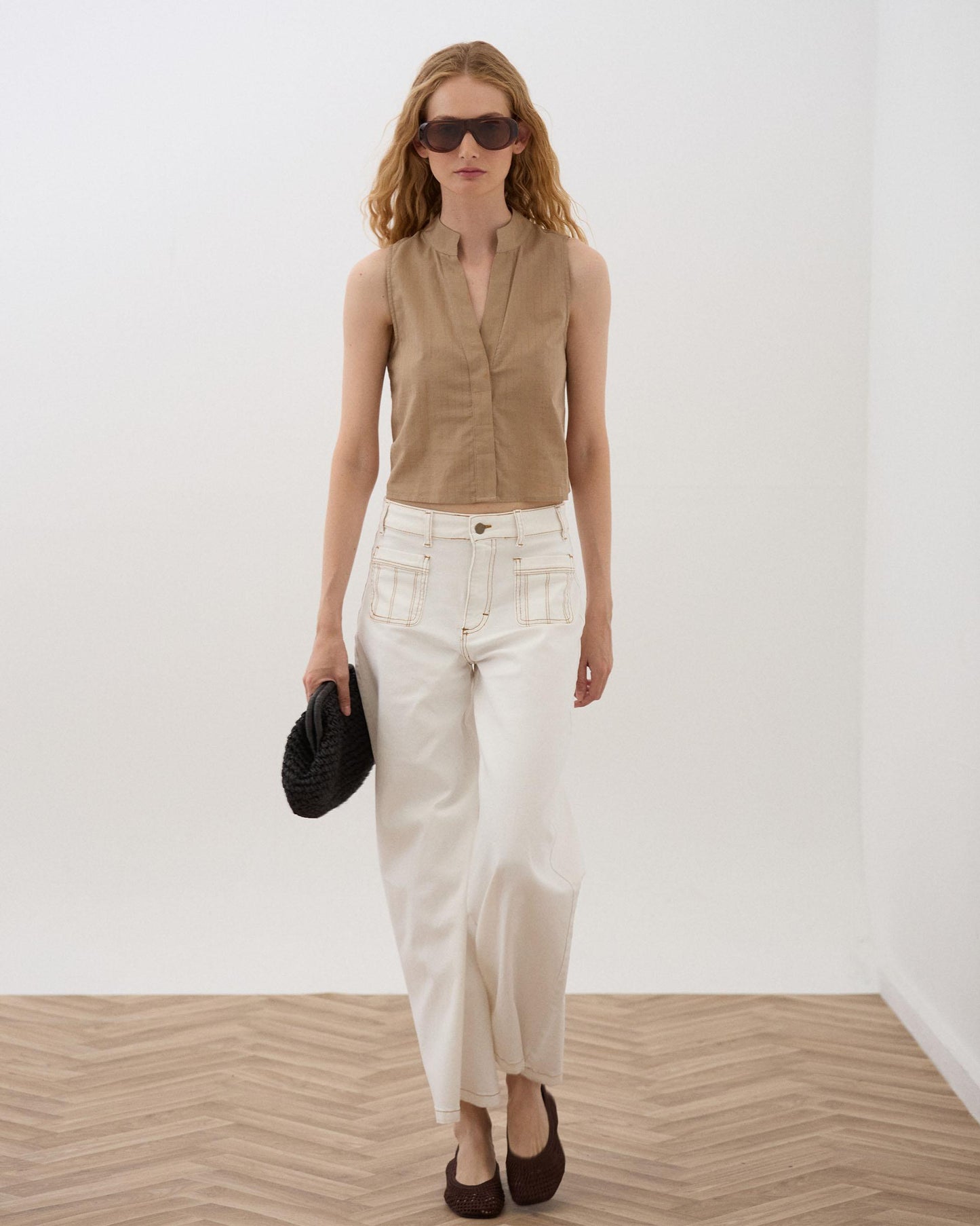 Top Escote Pico Rayas Lurex Camel