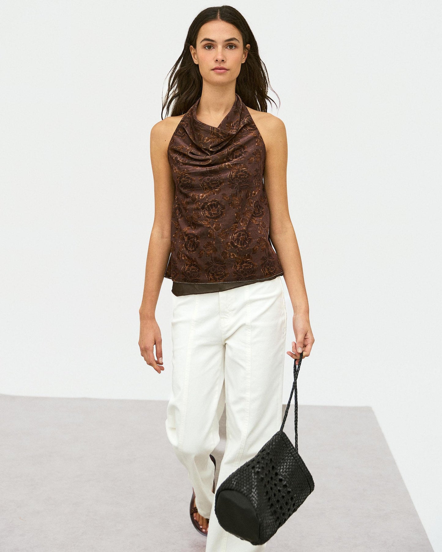 Top Halter Velours Imprimé Floral Marron
